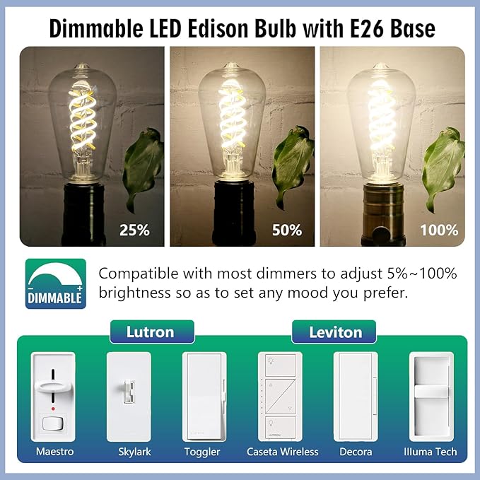12 - Pack 60 Watt Equivalent, E26 LED Filament Light Bulbs, Neutral White 4000K, Dimmable, Antique Filament Decorative Light Bulbs, ST19/ST58 LED Edison Bulb with 80+ CRI