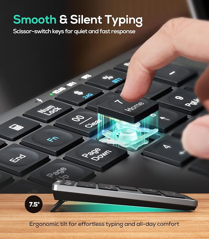 Nulea Wireless Number Pad Bluetooth 5.0 & 2.4G Portable Numeric Keyboard, USB-C Rechargeable, 34-Keys Bluetooth Keyboard for Data Entry, Compatible for Laptop, Mac, iMac, Tablet, PC Desktop