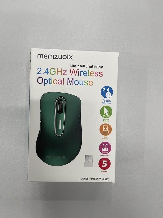 memzuoix 2.4G Wireless Mouse, 1400 DPI Computer Mice USB Receiver, Portable Wireless USB Mouse Battery Powered Cordless Mice for Laptop, PC, Desktop, 5 Buttons (Dark Green)