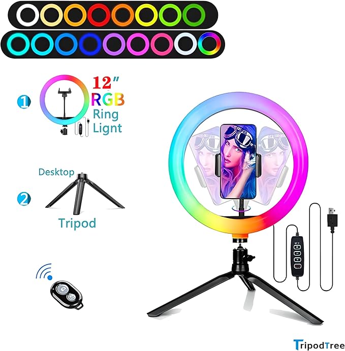12" Selfie Ring Light with 4" Desktop Tripod Stand & 1 Phone Holder, LED Ringlight with Dimmable Modes(RGB) for Makeup/Photography/Videos/Vlog/TikTok(STDLR12-V2)