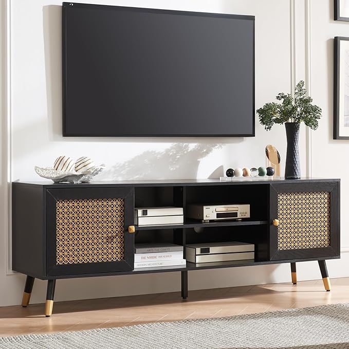 Black TV Stand for 75 inch TVs, 66" Mid Century Modern Media Console, Long Entertainment Center with Storage Cabinet for Living Room