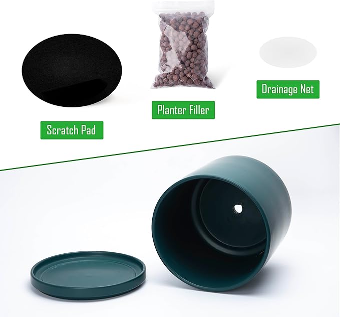 D'vine Dev 6 Inch & 8 Inch & 10 Inch, Set of 3 Round Ceramic Planter Pot with Drainage Hole and Saucer, Teal, 94-T-L-9