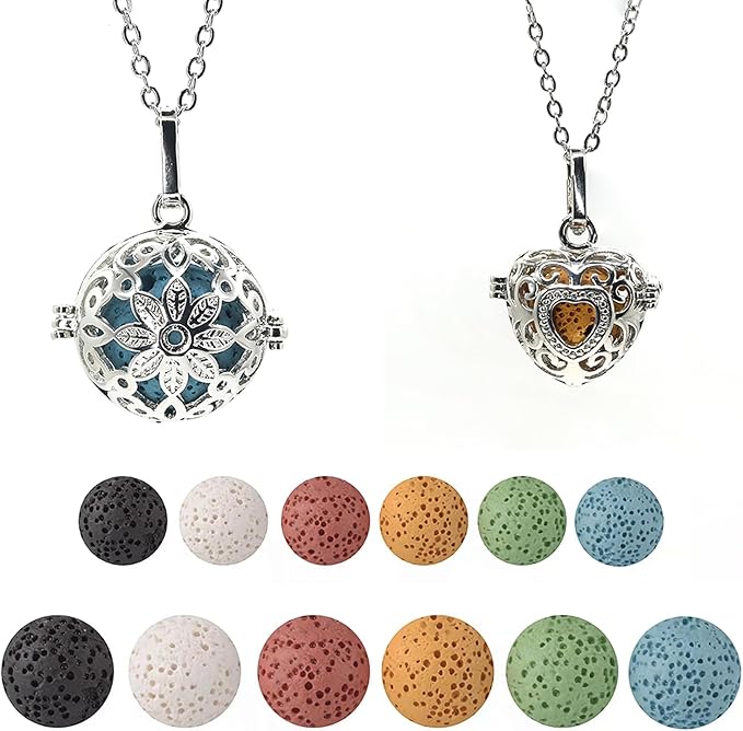 2 PCS Aromatherapy Essential Oil Diffuser Necklace Hollow Ball and Small Heart Shape Colored Lava Stone Pendant Necklace for Women…