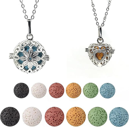 2 PCS Aromatherapy Essential Oil Diffuser Necklace Hollow Ball and Small Heart Shape Colored Lava Stone Pendant Necklace for Women…