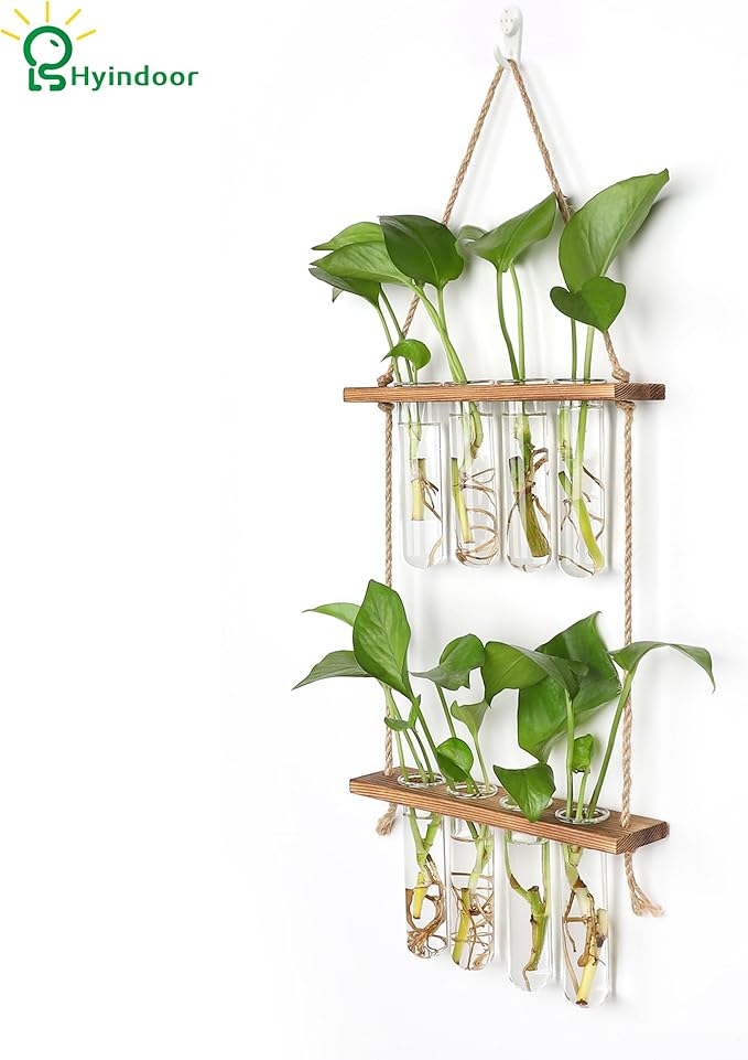 Hyindoor Wall Hanging Planter Terrarium 2 Tired Test Tube Vase Glass Planter Plant Propagation Station Plant Hangers of Rope with Wooden Stand and 8 Tubes for Hydroponic Plant Cutting