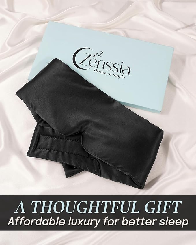 Zenssia Satin Sleep Mask for Women and Men, Lightweight Padded Eye Mask with Adjustable Strap, Comfort Blackout for Travel and Nap - Black