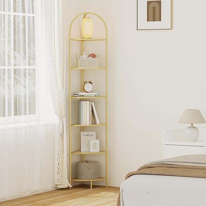 Homhedy 6-Tier Corner Shelf Stand, Metal Corner Bookshelf, Tempered Glass Shelves, Bathroom Storage Rack Shelf, Plant Stand, Modern Style, Golden