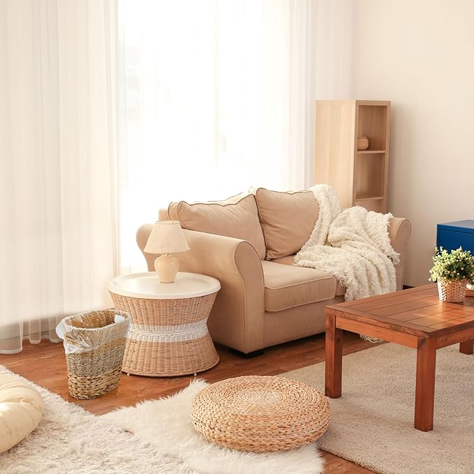 2 Pcs Wicker Trash Can with 50 Small Trash Bag Wicker Waste Woven Basket with Handles Clear Multi Use Garbage Bags for Bathroom Kitchen Bedroom