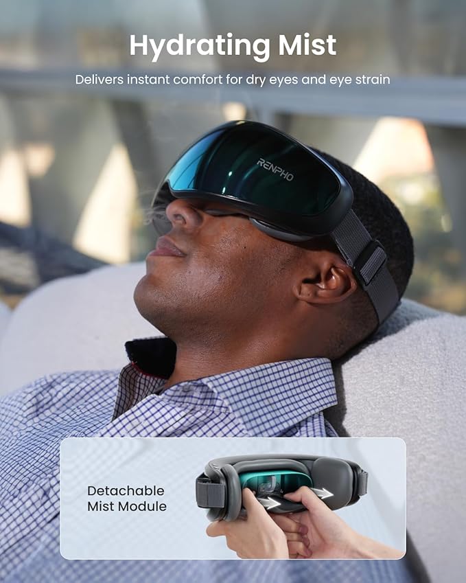 RENPHO Eyeris Caligo Eye Massager with Mist & Temple Massage, Slidable Temple Massager for Migraines, Eye Mask for Mom Dad Women Men Her Him,Head Circumferences 21.7in to 27.5in