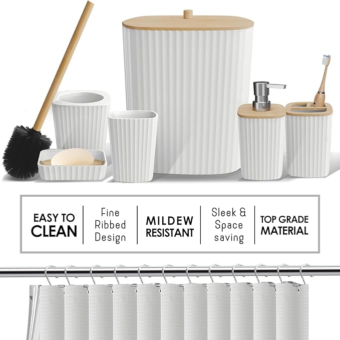 Clara Clark Bathroom Accessories Set - 22PC Bathroom Set, Bathroom Sets with Shower Curtain and Rugs, White Shower Curtain Set with Bathroom Trash Can