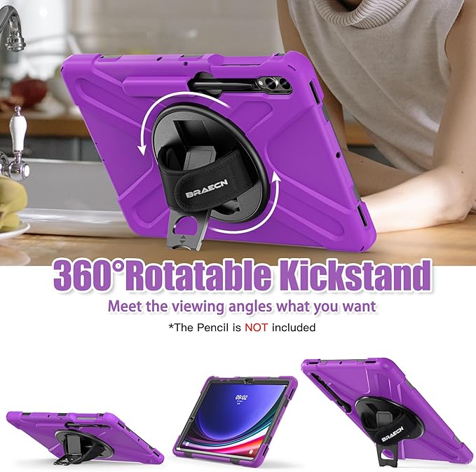 BRAECNstock for Samsung Galaxy Tab S10+ Plus/ S9 FE+ Plus/ S9+ Plus/ S8+ Plus/ S7 FE/ S7+ Plus 5G Tablet Case 12.4" Shockproof Protective Kids Case with Pen Holder Rotating Hand Strap & Stand - Purple