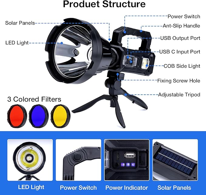 Solar Rechargeable Spotlight, 2,000,000L High Lumens Led Spot Lights Outdoor Handheld Super Bright Long Range Flashlight with 6 Modes, 3 Colored Filters, Tripod, USB C for Fishing Boating