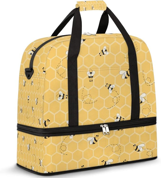 Sports Gym Duffel With Geometric Animal Bees Pattern - Travel Bag With Shoes Compartment, Waterproof Overnight, Workout Weekender for Boys Girls - Yoga Dance Tote for Women Men