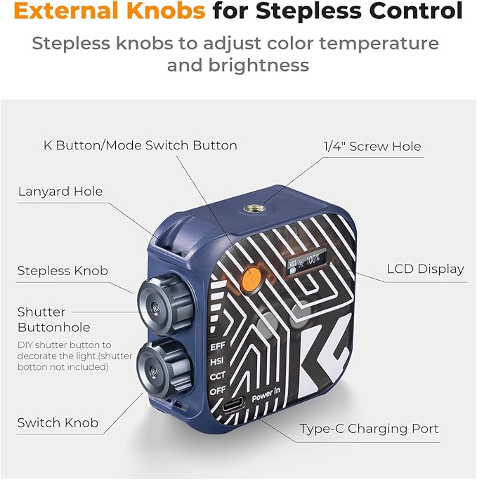 K&F CONCEPT RGB Video Light, 360° Full Color Portable Photography Light, LED Camera Light w 21 Light Effects, 2500K-9900K CRI 96+, 2000mAh Rechargeable Photography Lighting for Vlogging, Selfie, Blue