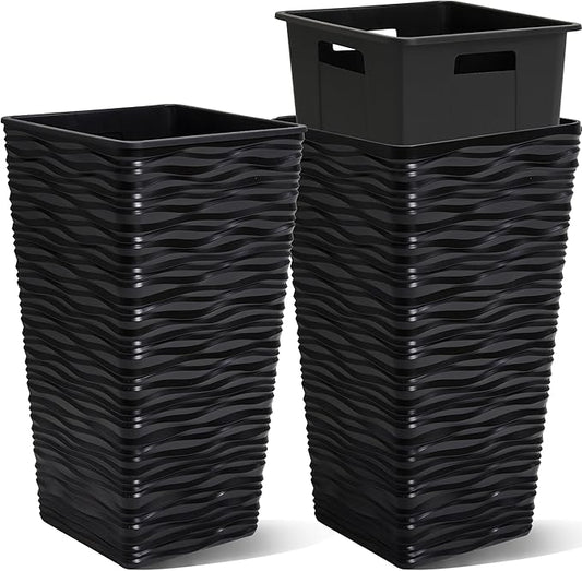 Worth Garden 2-Pack 22" H. Black Square Tapered Planter with Inside Pots - Plastic Plant Pots for Indoor Outdoor - Modern Wavy Finish Decorative Flower Pots for Front Porch Containers Patio Deck