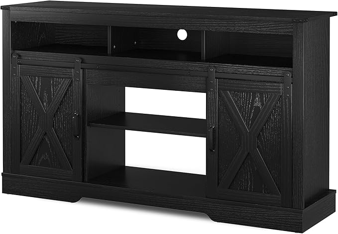 RoyalCraft Farmhouse Fireplace TV Stand for 65+ Inch TV, Entertainment Center with 23" Electric Fireplace with Remote, 34" Tall Modern Rustic TV Console with Sliding Bar Door for Living Room, Black