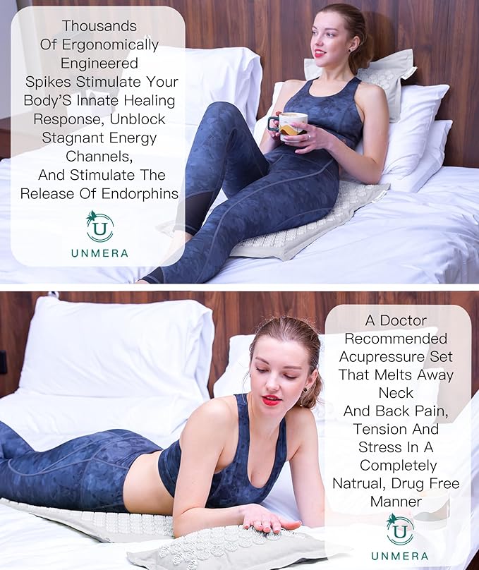 UNMERA Acupressure Mat and Pillow Set,Natural Eco Linen & Coconut Fiber Filling,for Back/Neck Pain Relief, Sciatic, Headache and Muscle Relaxation, Comes with Carrying Bag