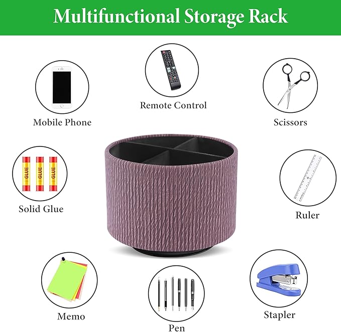 Hennaja Round Leather Art Supply Organizer,Remote Control Holder,360 Degree Spinning,Multi-Functional Pencil Holder,4 Compartments Desktop Stationary Organizer(1-Wood Soil)