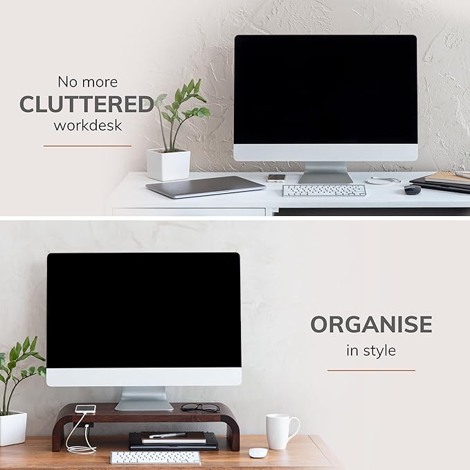 Anji Mountain Wood Monitor Stand Riser Desk Desktop Organizer Table for Home, Office Workspace, Laptop Riser, Ergonomic Design Stand for Gaming Setup, with Power Source, Walnut