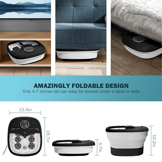 Collapsible Foot Spa Electric Foot Bath with Heat, Bubble, Remote, 24 Motorized Shiatsu Massage Balls. Pedicure Soaking tub for Feet Stress Relax (Black)