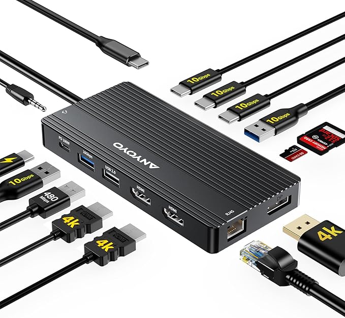 USB C Hub USB C Docking Station Dual Monitor14-IN-1 Triple Display Multiport Adapter with 2*HDMI +DP + 5*USB-A/C 10Gbps Ports+Ethernet+SD/TF Laptop Docking Station for HP/Dell/Lenovo/Thinkpad (Black)