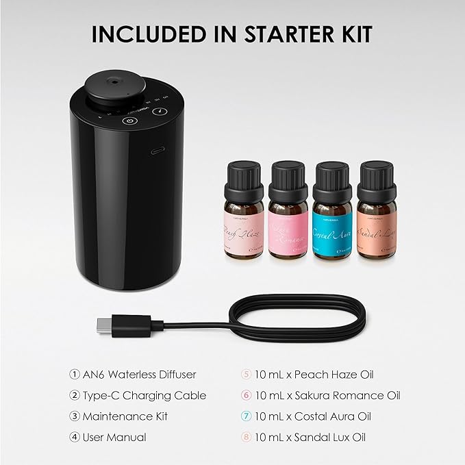 Waterless Essential Oil Diffuser Starter Kit with 4 x 10mL Fragrance Scent Oil, Battery Operated Mini Scent Air Machine Portable Diffuser for Home Car Office, AN6 Black Kit01