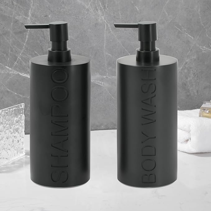 Matte Black Resin 2 Piece Shampoo and Body Wash Dispenser Set, Luxurious Refillable Pump Bottles with Matte Pump Top and Embossed Text, Durable Design for Bathroom and Shower