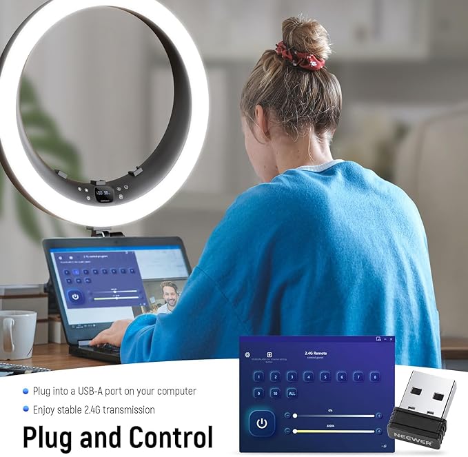 NEEWER 19 inch 2.4G Ring Light with Stand, 3 Phone Holders, 2.4G USB Transmitter for Mac/PC Remote Control, Touch Panel, Smooth Dimming at 1%, 3200K-5600K for Selfie TikTok Live Streaming Zoom, RP19H