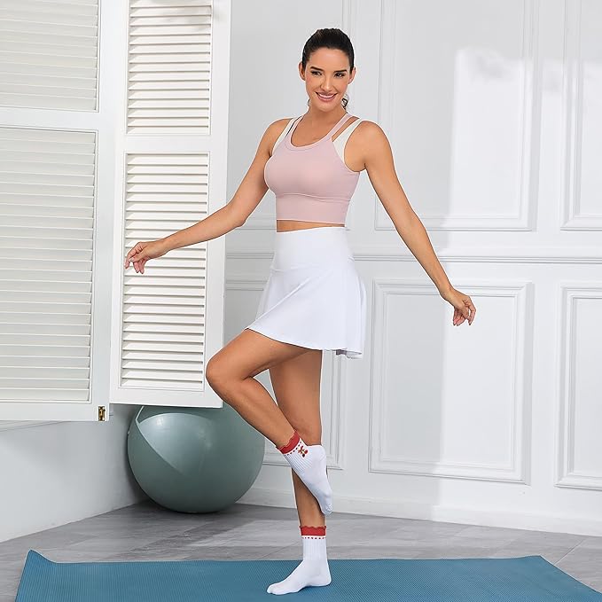 Cute Pilates Socks with Grips for Women Ruffle Cuff Embroidery Non Slip Yoga Socks for Workout, Barre, Pilates Gifts