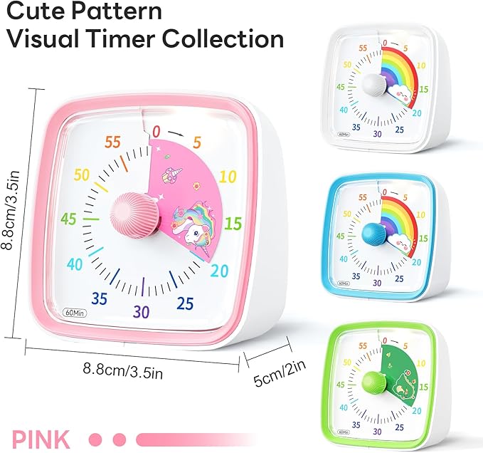 Yunbaoit Visual Timer with Night Light, 60-Minute Unicorn Countdown Timer for Kids and Adults, Time Management Tool for Home, School, Kitchen, or Office (Pink)