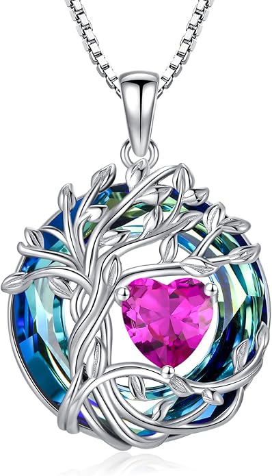 TOUPOP Tree of Life Birthstone Necklace 925 Sterling Silver Pendant Austrian Crystal Jewelry Anniversary Birthday Christmas Gifts for Women Mom Her Wife