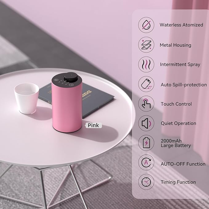 Waterless Essential Oil Diffuser Aromatherapy Scent Diffusers for Home Large Room, Bedroom, Car, Office, Desk, Battery Operated Mini Portable Air Freshener, Included 120ml Essential Oil, Silver