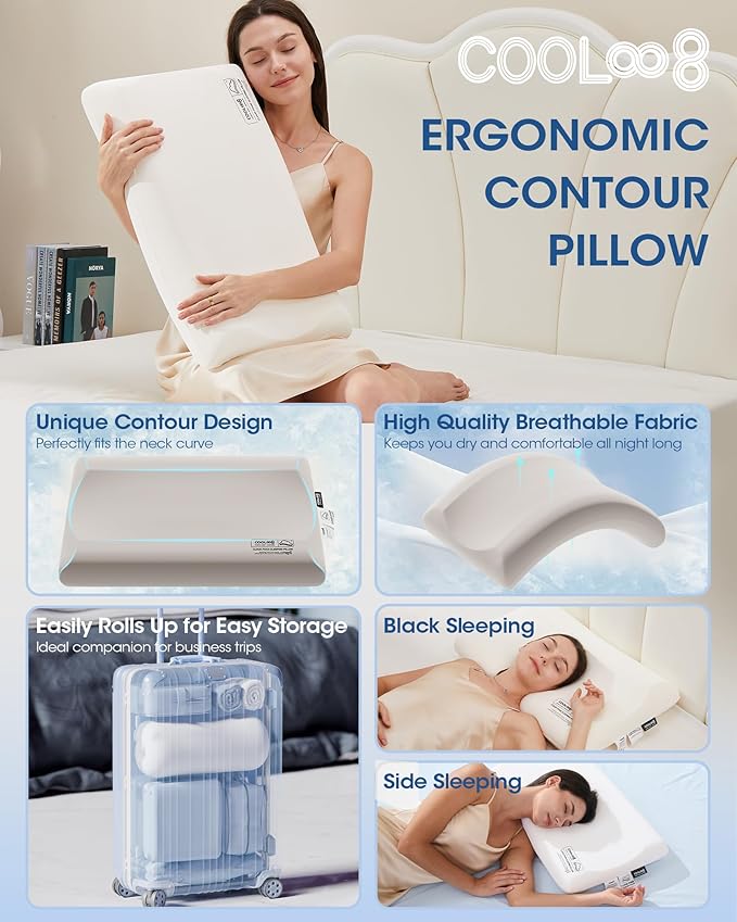Ultra-Thin Memory Foam Pillows Queen Size, Contour Cooling Cervical Pillow for Neck Pain Relief, Orthopedic Ergonomic Bed Pillow for Side, Back and Stomach Sleepers, (3.1 Inch Thickness, 1 PCS)