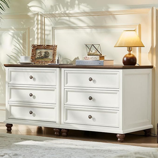 Farmhouse Nightstand Set of 2 with Charging Station, 24" Wide End Table with 3 Drawers,Dresser for Bedroom,Bed Side Table Chest of Drawers Cabinet,Wood White Night Stand for Living Room