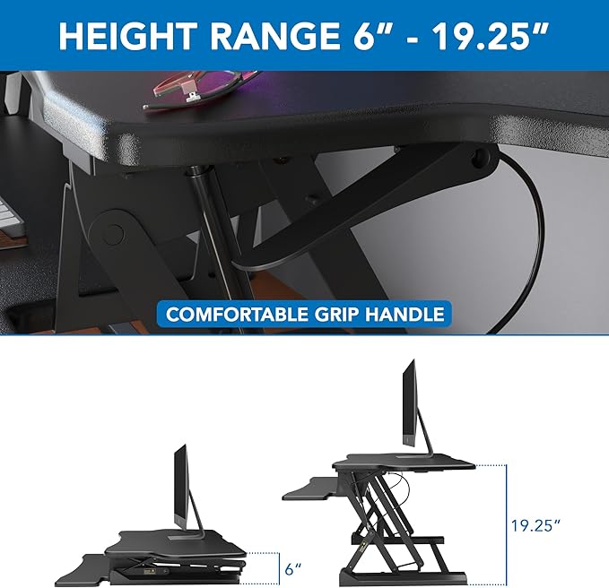 Mount-It! Standing Desk Converter, 48" Wide Sit Stand Desk Riser with Dual Gas Spring Handles, Height Adjustable from 6"–19.25", Extra Large Tabletop for 2 Monitors, Keyboard Tray & Device Slot, Black