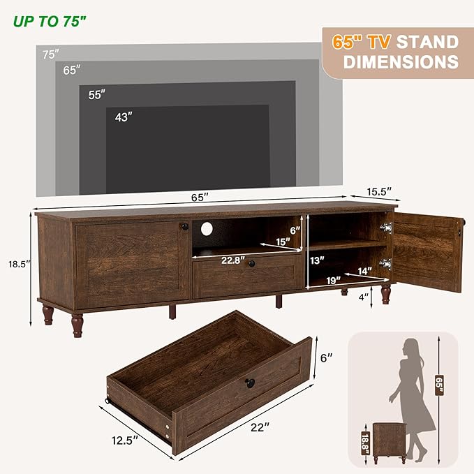 ANJ Mid-Century Modern TV Stand for 75 inch TV, TV Console with Storage Cabinet & Drawer, Retro Brown Wooden TV Stands for Living Room Furniture,Entertainment Center with Ample Large Storage Space