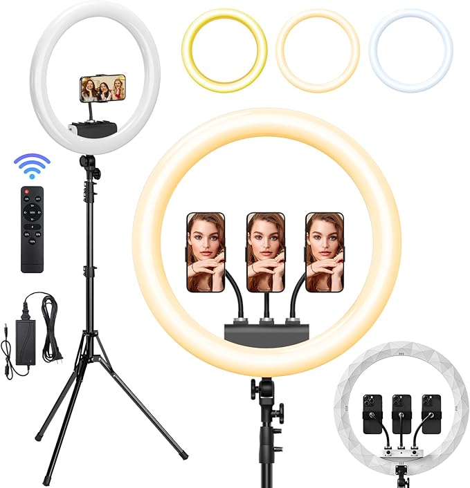 Ring Light with Stand, 19in LED Selfie Circle Light, Max 8ft/2.5m Tripod Stand, 3 Holders for iPhone, Remote Control, 6300K Color Temperature for Live Streaming, Barber, Makeup, YouTube, Tiktok