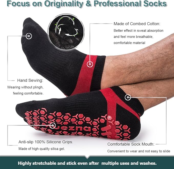 Muezna Men's Non-Slip Yoga Socks, Anti-Skid Pilates, Barre, Bikram Fitness Hospital Slipper Socks with Grips