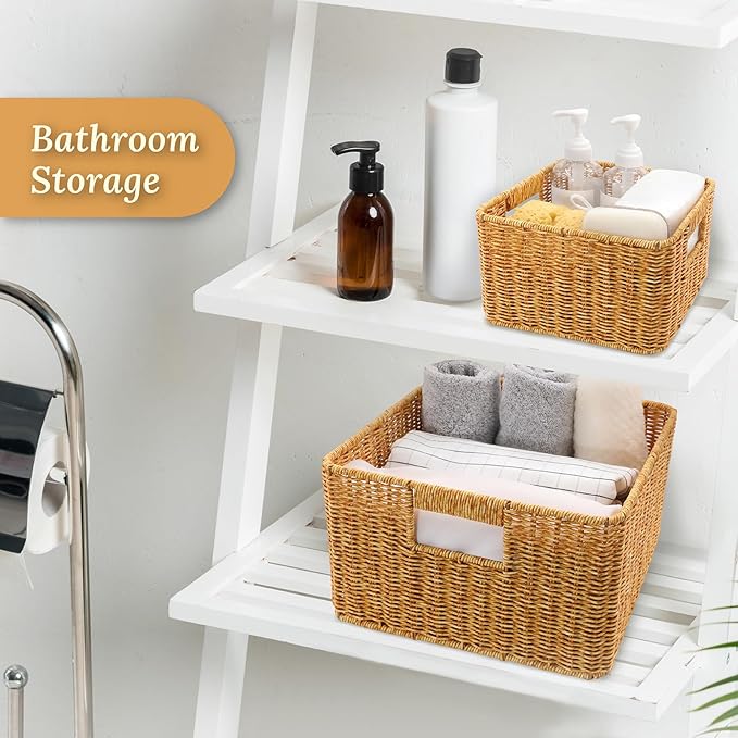 Baskets with Handles, Wicker Storage, Shelf Boxes for Organizing, Decorative Resin, Set of 3, Amber