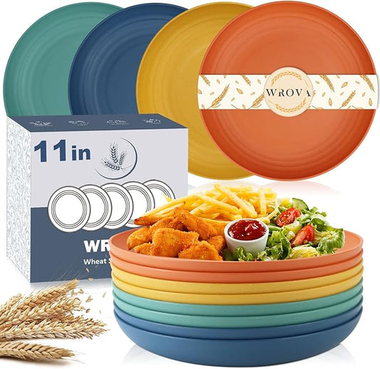 Large Wheat Straw Dinner Plates - 11 Inch Unbreakable Big Set of 8 - Dishwasher & Microwave Safe Plastic Plates - Deep Edge for Kitchen & Camping (Colorful)