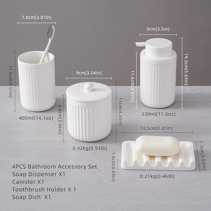 Ceramic Bathroom Accessories Set,Foam Soap Dispenser and Toothbrush Holder Set, Soap Dish, Apothecary Jars,Rustic Farmhouse Decor, Bathroom Home Decor (White Set, Foam)