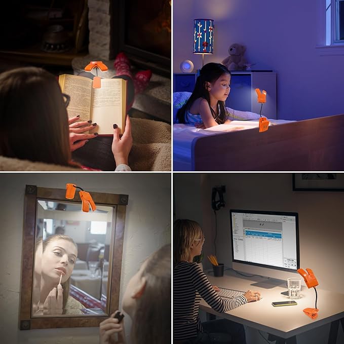 BIGMONAT Battery Operated Clip on Light, Dimmable Brightness Eye Care Book Reading Light, 360°Flexible Gooseneck Night Lighting for Home Office, Reading,Study (Orange, 2Pack)