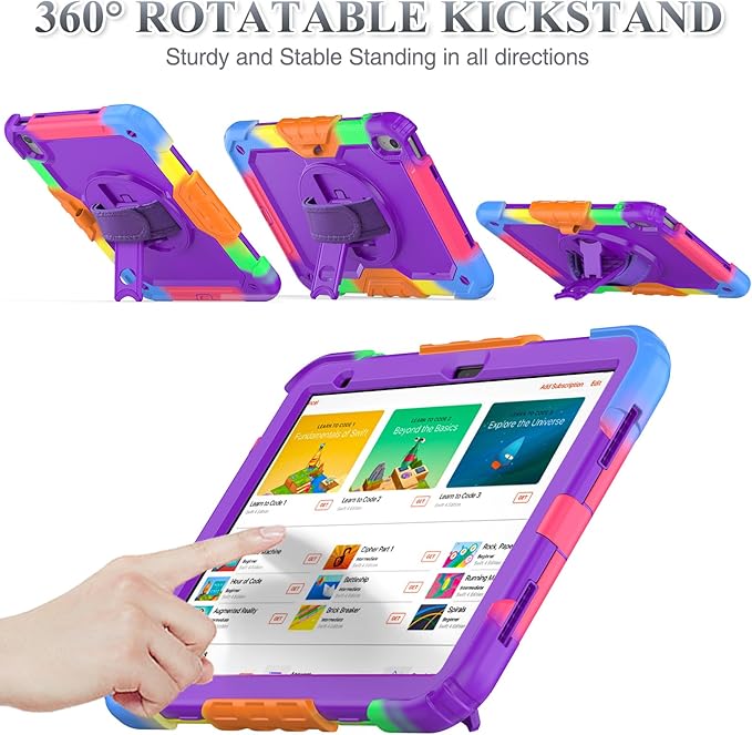SEYMAC stock Case for iPad (A16) 11th/10th Generation 11''/10.9'' 2025/2022, Full-Body Drop Protection Case with Screen Protector &360° Rotate Hand Strap/Stand, Purple+Colorful