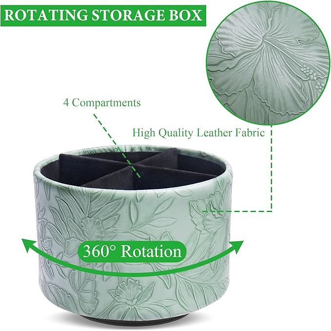 Hennaja Round Leather Art Supply Organizer,Remote Control Holder,360 Degree Spinning,Multi-Functional Pencil Holder,4 Compartments Desktop Stationary Organizer(1-Carved Dark Green)