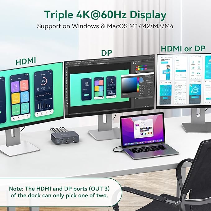 Thunderbolt Docking Station 3 Monitors 4K@60Hz for M1 M2 M3 M4 MacBook Pro/Air with DisplayLink Technology, 19 in 1 USB C Dock with 2 HDMI & 2 DisplayPort, PD 100W, QC 18W, USB 3.2 10 Gbps