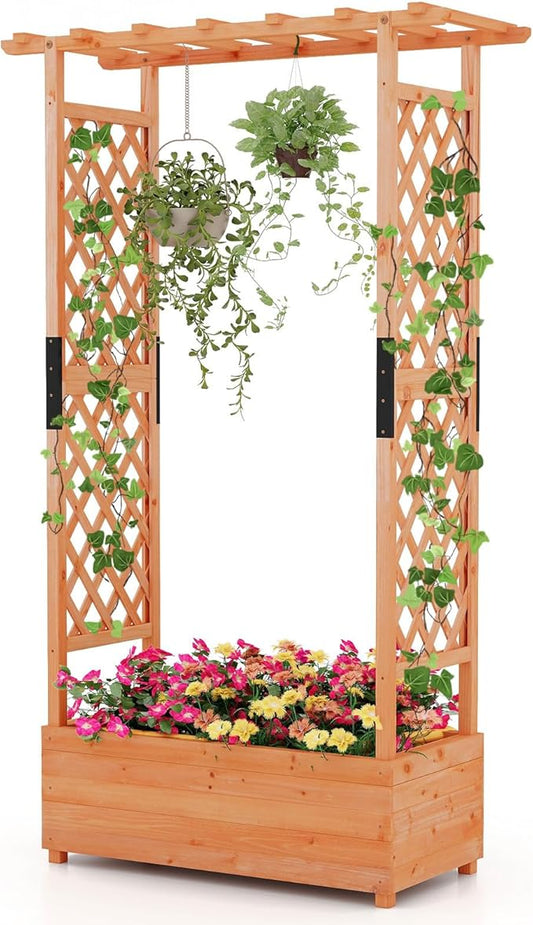 MAT EXPERT Raised Garden Bed with Trellis & Hanging Roof, Lattice Panel with Drainage Hole for Flower, Climbing Plant, Herb, Planter Box for Garden, Patio, Yard (1, 43.5" x 17.5" x 72" (L x W x H))
