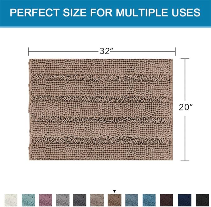H.VERSAILTEX Bath Rugs for Bathroom Non Slip Bath Mats Extra Thick Chenille Striped Rug 20" x 32" Absorbent Non Skid Fluffy Soft Shaggy Washable Plush Mat for Indoor, Bath Room, Tub - Taupe Brown