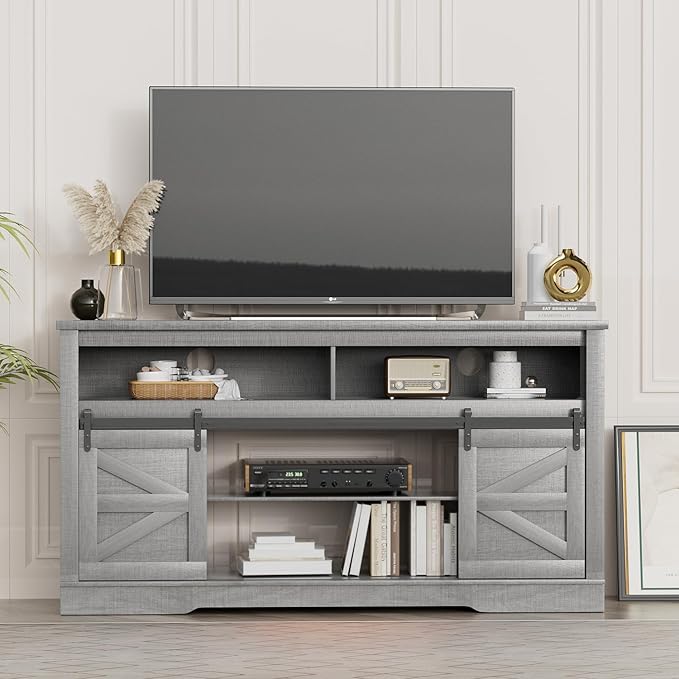 YESHOMY Fireplace TV Stand for Television up to 65+ Inch with Storage and Farmhouse Sliding Barn Doors, Entertainment Center with Cabinet and Shelves, Media Console for Living Room, Gray