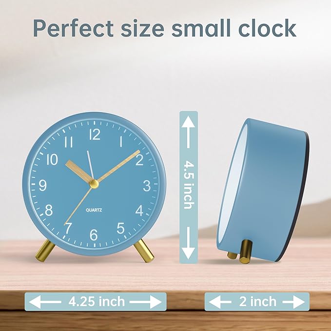 Analog Alarm Clock, 4 inch Super Silent Non Ticking Small Clock with Night Light, Battery Operated, Simple Design, easy setting for Office, Bedroom, Bedside, Desk, teens, elders, kids, adult, Skyblue