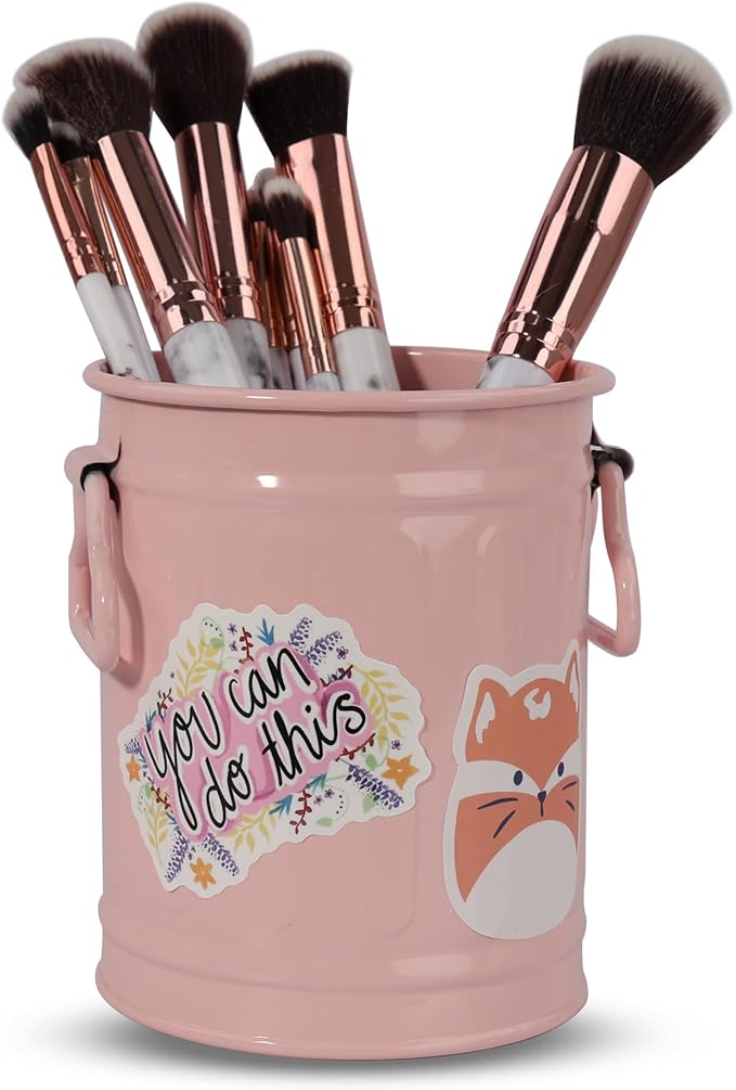 Pen Holder Cup For Desk With 60 Pcs Cute Animal & 50 Pcs Inspirational Stickers,Tinplate Pencil Holder Metal Marker Pen Organizer Desk Accessory Storage for Office Home - Barrel Shape - 2 Pack (White)